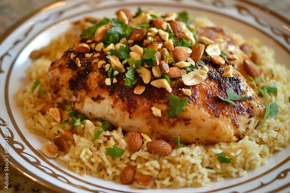 An Overhead Shot of Homemade Chicken Kabsa with Fresh Ingredients and Fragrant Spices. An Overhead Shot of Homemade Chicken Kabsa with Fresh Ingredients and Fragrant Spices.