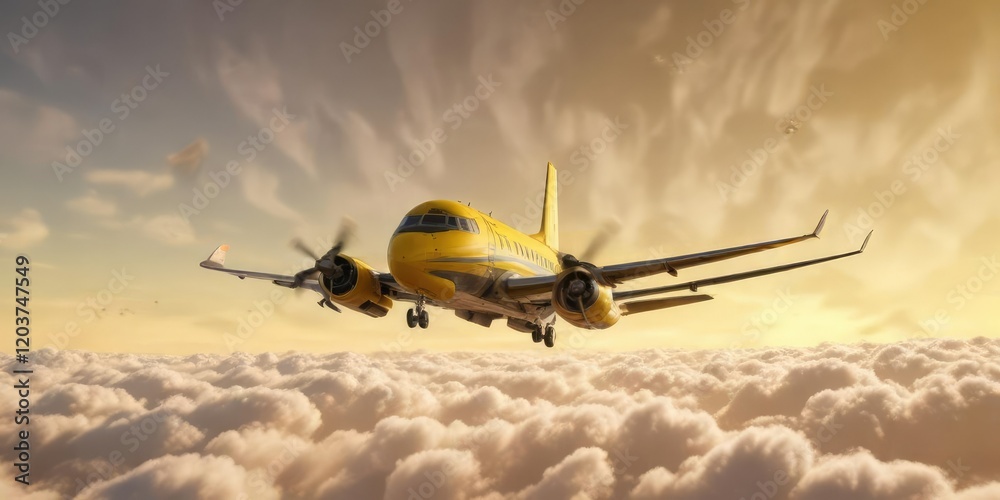 Fototapeta premium A lone airplane flying in the sky against a bright yellow background , yellow, aircraft