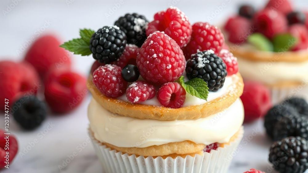 A layered cupcake with a fluffy cream filling, topped with a mixture of juicy raspberries and blackberries, finished with a sprinkle of powdered sugar, food photography, vanilla cupcake, patisserie A layered cupcake with a fluffy cream filling, topped with a mixture of juicy raspberries and blackberries, finished with a sprinkle of powdered sugar, food photography, vanilla cupcake, patisserie