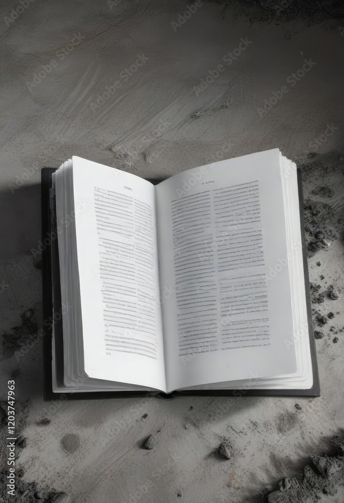 Fototapeta premium A large open book lying flat on the ground with a black and white page exposed, white, flat, large