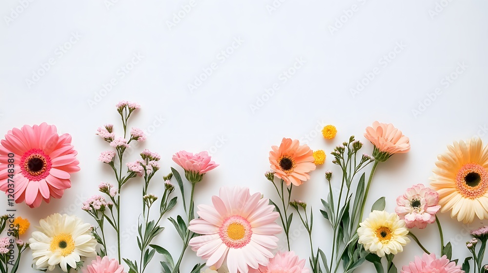 Pastel Gerbera Daisies and Delicate Flowers Arranged on White Pastel Gerbera Daisies and Delicate Flowers Arranged on White