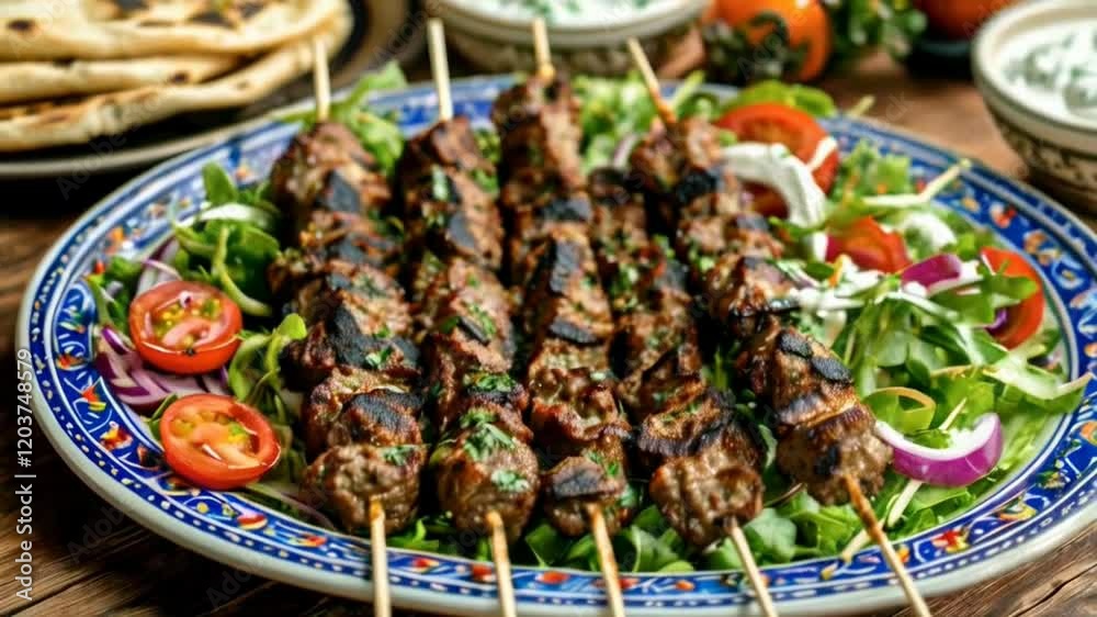 Four skewers of grilled food sit on pita bread, adorned with salad Four skewers of grilled food sit on pita bread, adorned with salad