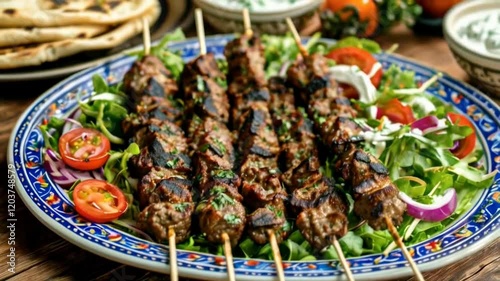 Four skewers of grilled food sit on pita bread, adorned with salad