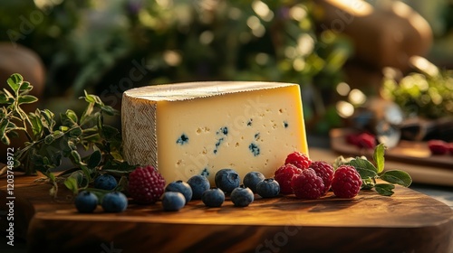 Premium Cheese Platter with Red and Blue Berries Enhanced by Natural Lighting and Rustic Setting photo