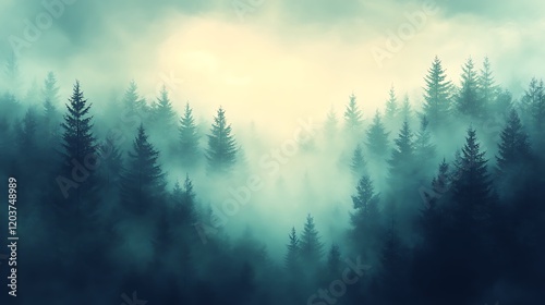Misty Mountain Forest: An ethereal, dreamlike landscape unfolds, where a dense evergreen forest is shrouded in a mystical fog, creating an atmosphere of mystery and tranquility.