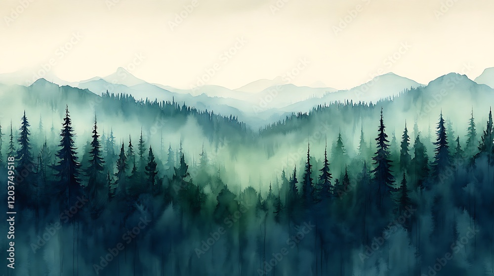 Obraz premium Misty Mountain Watercolor: A dreamy, ethereal watercolor painting of a misty mountain landscape, capturing the tranquility of nature. Lush, verdant pines stand tall in the foreground.