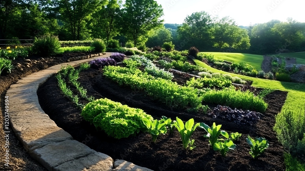 Naklejka premium A notill garden with heavy mulching to retain moisture, improve soil health, and reduce manual labor