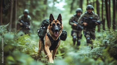 A SWAT canine unit tracking a suspect through a dense forest.