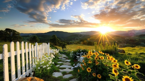 A scenic retro rural garden, with winding stone paths, a white picket fence, and flower beds bursting with vibrant daisies and sunflowers under a golden sky
