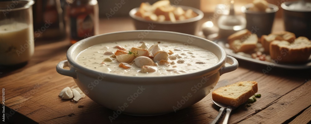 A bowl of steaming hot clam chowder served on a wooden table , warm food, steaming hot soup, wood table A bowl of steaming hot clam chowder served on a wooden table , warm food, steaming hot soup, wood table