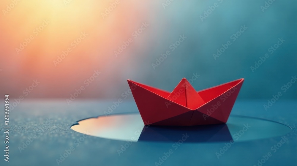 Obraz premium A Crimson Origami Boat Serenely Floating on a Still, Reflective Surface Underneath a Warm, Sunset Sky