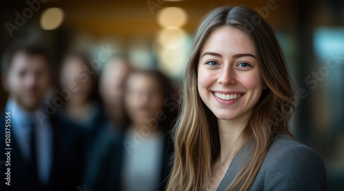 Portrait of a British businesswoman or office leader against blurred team background 