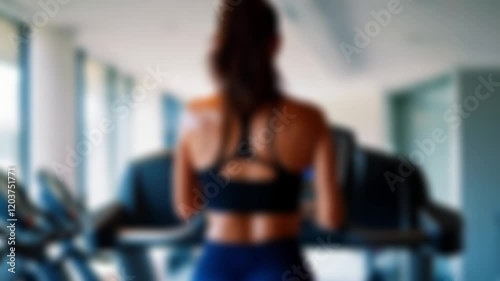 blurred background of a young woman walking on a treadmill, emphasizing consistency and balance, 4K resolution