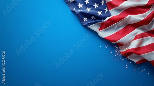 American Flag Waving in a Blue Background with Sparkles for a Festive Greeting Card Design