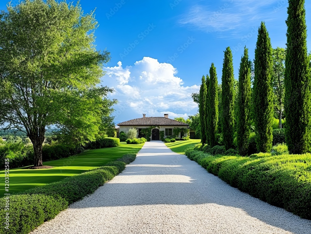 Obraz premium Gravel driveway lined with tall cypress trees, leading to a rustic country home, emphasizing elegance in simplicity