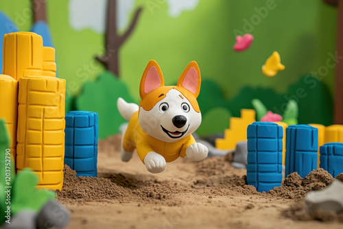 Claymation dog, A claymation dog animatedly running through an obstacle course, showcasing high fidelity and detailed design in a vibrant scene.