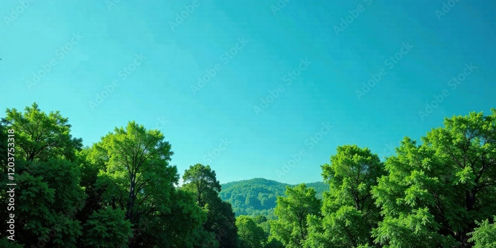 Obraz premium Serene Vista of Lush Green Foliage Against a Vibrant Azure Sky, Evoking a Sense of Tranquility and Natural Beauty