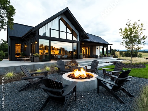 Modern farmhouse yard with a fire pit surrounded by Adirondack chairs, blending rural charm with modern living photo