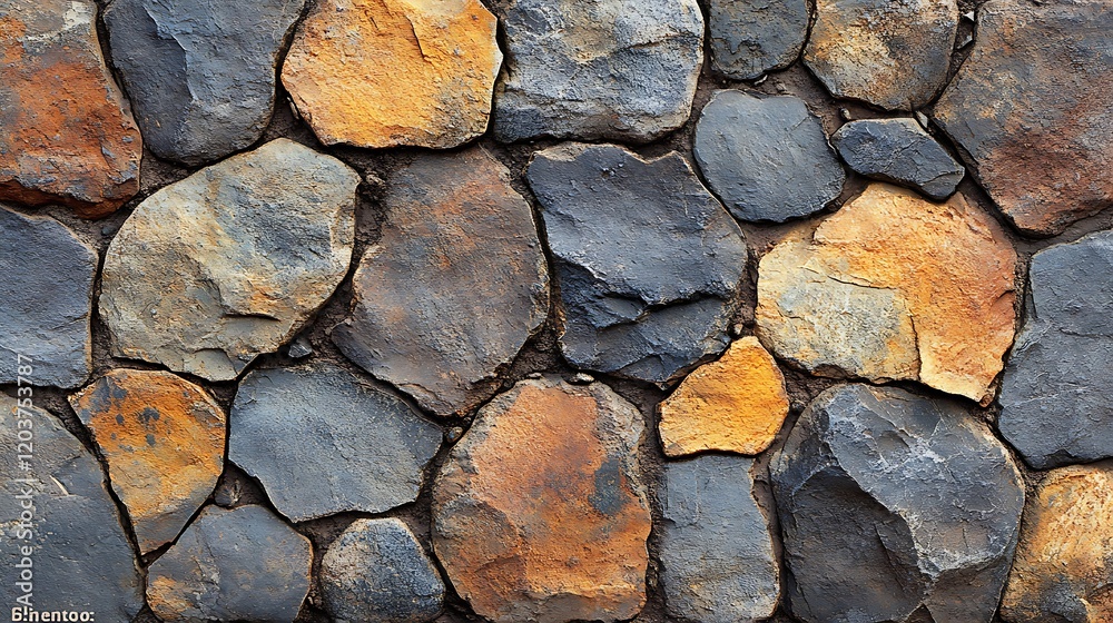 Fototapeta premium Rustic Stone Wall Texture: A close-up shot reveals the intricate textures and colors of a natural stone wall, showcasing the rugged beauty and timeless appeal of this architectural element.