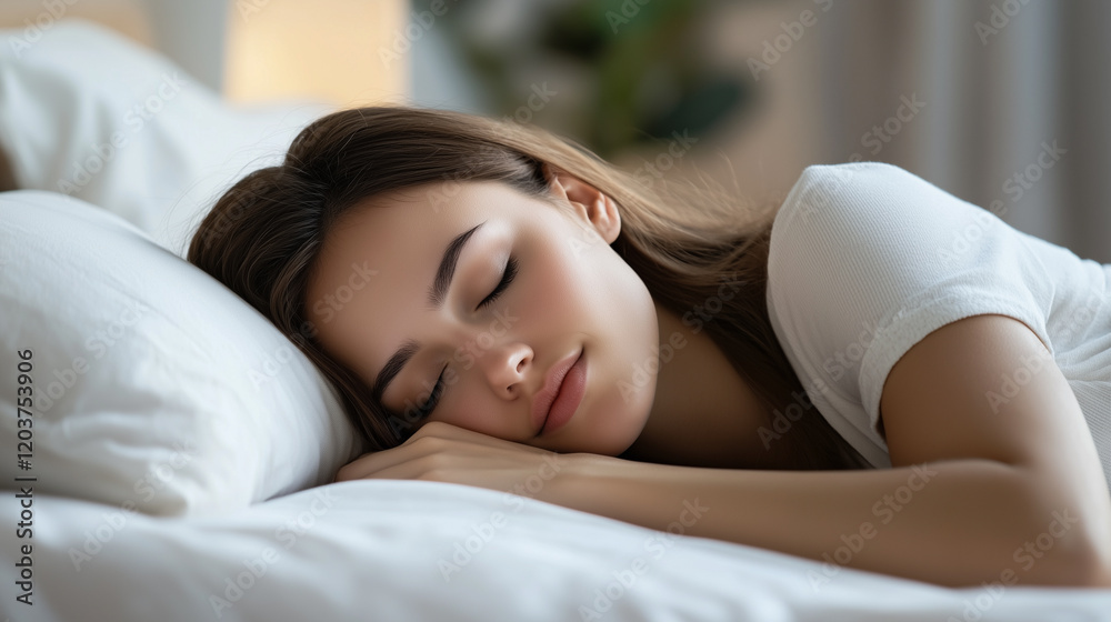 Young brunette sleeps calmly in bed - good bedding and mattress for a good sleep Young brunette sleeps calmly in bed - good bedding and mattress for a good sleep