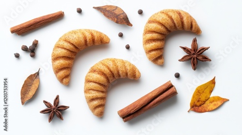 Assorted Spiced Pastries Arranged Aesthetically with Cinnamon Sticks and Autumn Leaves photo