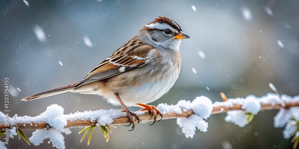 Obraz premium Juvenile White-crowned Sparrow, Winter Aerial View, North American Bird