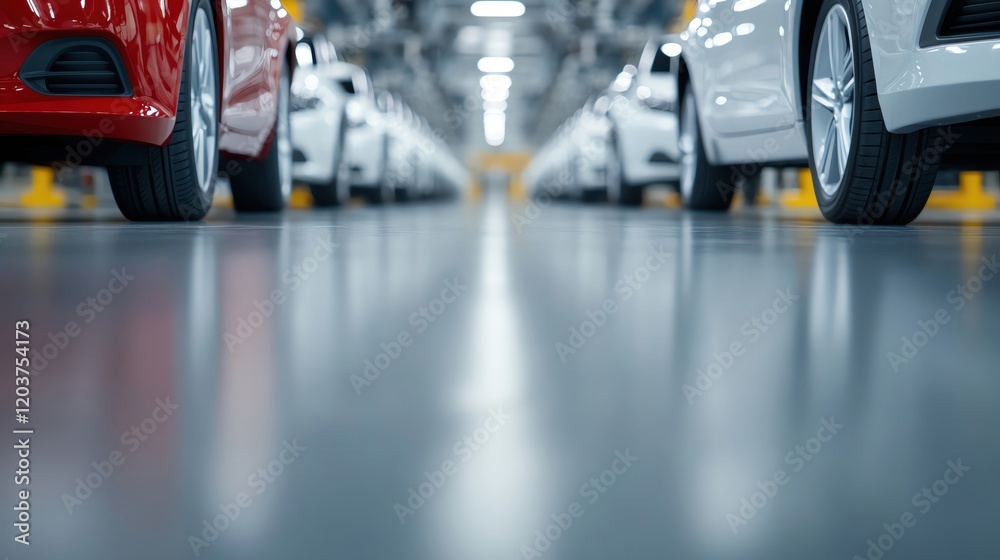Automotive factory floor, lowangle perspective of cars in production, with a focus on the highly polished surface reflecting the vehicles Automotive factory floor, lowangle perspective of cars in production, with a focus on the highly polished surface reflecting the vehicles