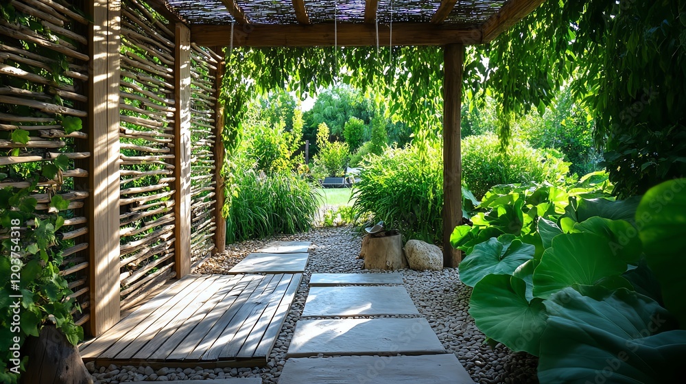 Outdoor shower in a rural garden, surrounded by natural wood privacy screens and lush greenery Outdoor shower in a rural garden, surrounded by natural wood privacy screens and lush greenery