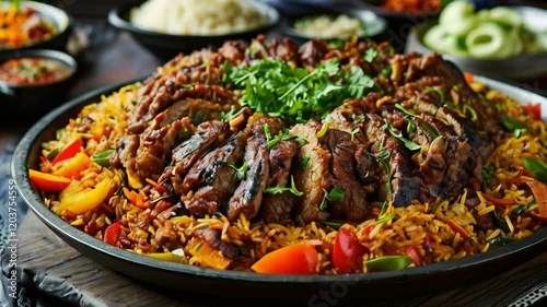 A vibrant food shot on a platter features sliced meat, vibrant rice, and crisp vegetables, such as zucchini and carrots, enhanced by fresh cilantro