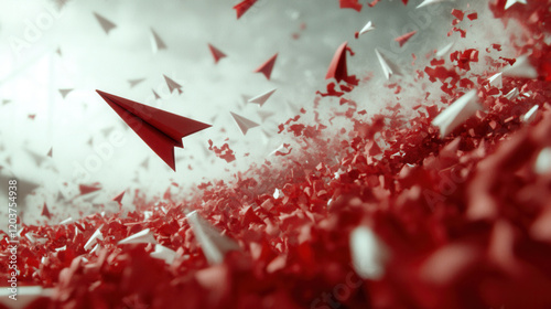 Paper planes soar vibrant red white abstract scene