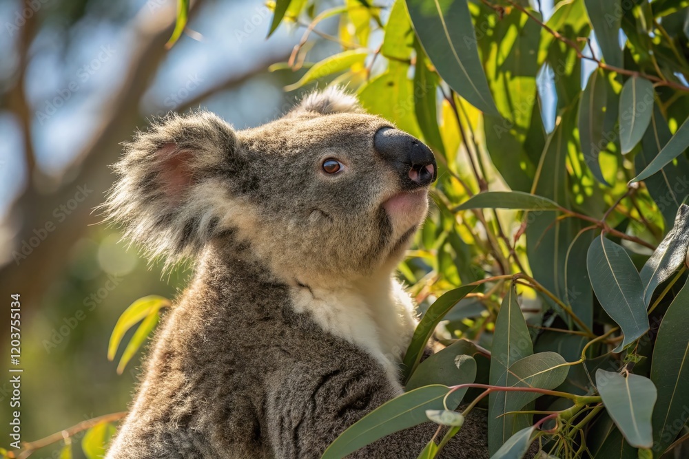 Fototapeta premium Koala Close Up: Curious Gaze in Sunlight - Candid Wildlife Photo