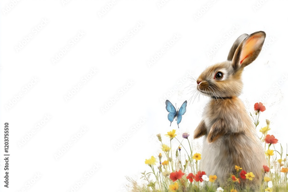Fototapeta premium Cute rabbit standing amidst colorful flowers and a butterfly in a serene natural setting