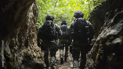 A SWAT unit navigating a narrow cave system in pursuit of a fugitive.