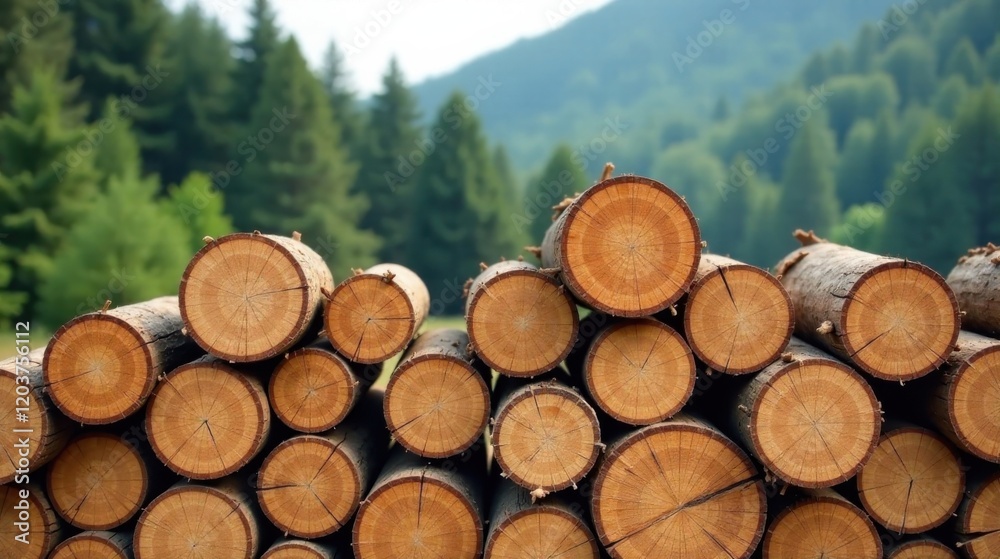 A stack of freshly cut logs rests against a verdant forest backdrop, showcasing nature's raw beauty and the cyclical process of timber harvesting. A stack of freshly cut logs rests against a verdant forest backdrop, showcasing nature's raw beauty and the cyclical process of timber harvesting.