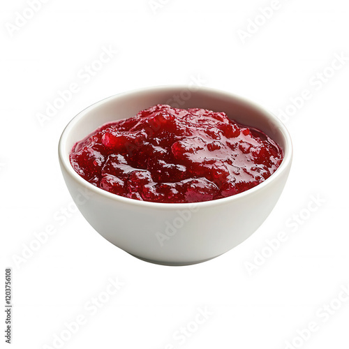Delicious homemade raspberry jam in a white bowl, perfect for spreading on toast., isolated on a transparent background.