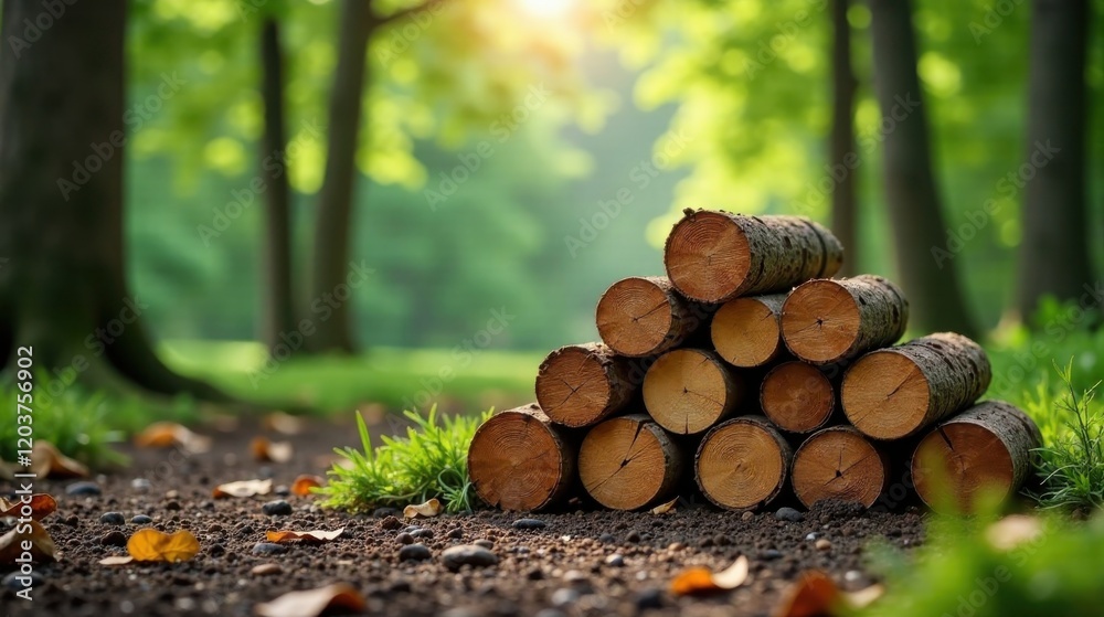 Serene Forest Path with Stacked Logs Basking in Sunlight's Embrace Serene Forest Path with Stacked Logs Basking in Sunlight's Embrace