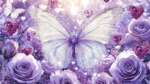 Beautiful white butterfly on sparkling purple background with purple roses and pink hearts with blur effect, Romantic design for wallpaper illustration