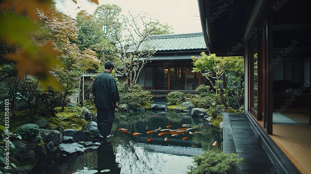 Obraz premium A traditional Japanese mansion with serene Zen gardens and koi ponds in Kyoto.