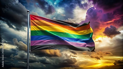 LGBTQ+ Pride Flag with Asexual Stripes Waving in Wind - Night Photography photo