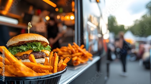 A vegan food truck serving plant-based burgers and sweet potato fries at a city event.