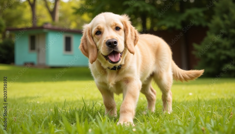 Happy golden retriever puppy walking in a green yard on a sunny day Happy golden retriever puppy walking in a green yard on a sunny day