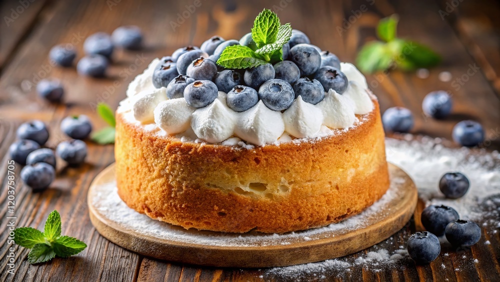 Light & Airy Angel Food Cake with Whipped Cream and Blueberries - Stock Photo Light & Airy Angel Food Cake with Whipped Cream and Blueberries - Stock Photo