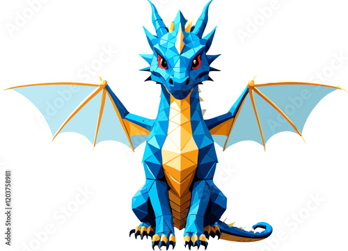 Geometric Blue Dragon with Glowing Features Front View Vector Illustration