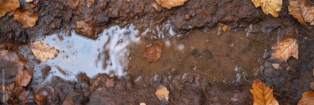 Fototapeta premium Autumn leaves surrounding a muddy puddle in a forest pathway