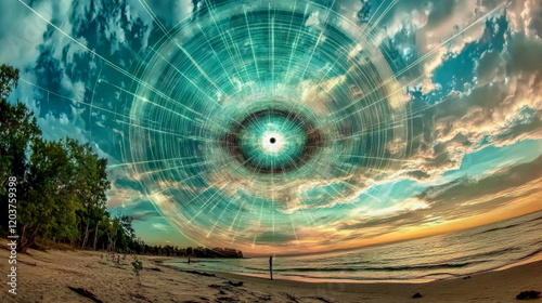 A celestial eye in the sky radiating glowing light patterns onto a serene landscape