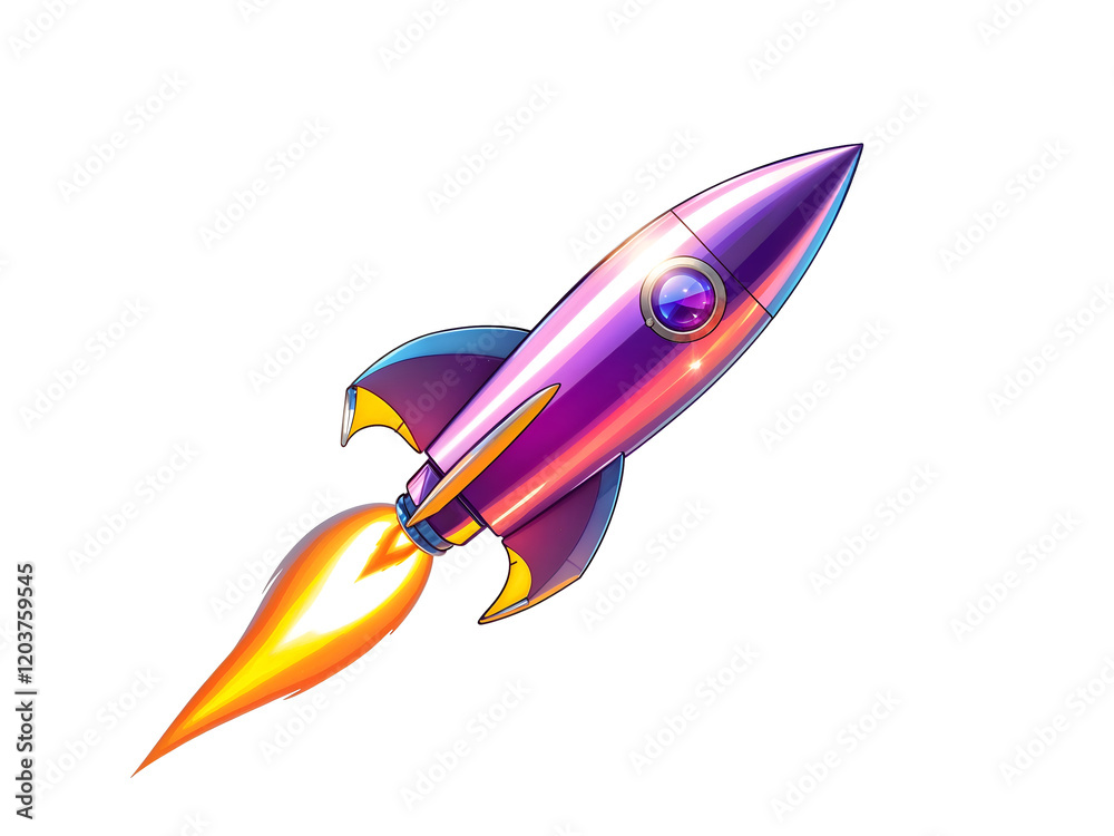 A shiny metal rocket with fiery exhaust flames, representing innovation and exploration themes isolated on white background. Generative AI A shiny metal rocket with fiery exhaust flames, representing innovation and exploration themes isolated on white background. Generative AI