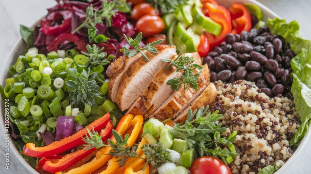 A colorful salad bowl with fresh veggies, grains, and proteins A colorful salad bowl with fresh veggies, grains, and proteins