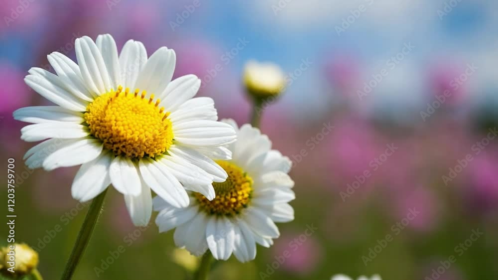 Daisy floral field with white daisies at blue sky pastel pink and blue colors. Chamomile meadow in summer. Beautiful flowers, natural wildflowers. summer breeze 4k video