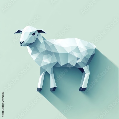 Low poly white sheep standing against flat pale blue background. Use for web graphics and animation photo