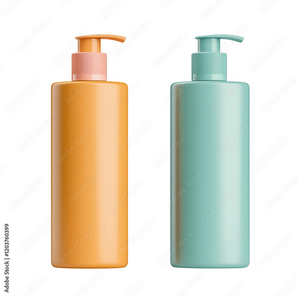 Two stylish lotion bottles in vibrant colors, perfect for personal care advertisements., isolated on a transparent background.